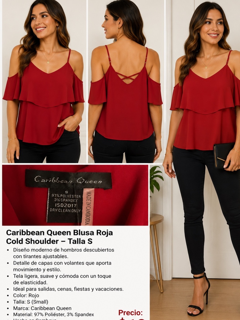 Caribbean Queen Red Cold Shoulder Layered Flowy Top Women’s Size Small